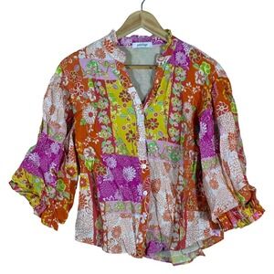 Privilege Floral Patchwork Button Up Blouse Boho Puff Sleeve Colorful Size S